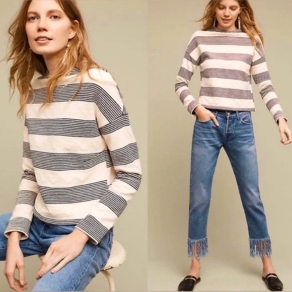 Anthropologie Eri & Ali Navy/ Cream Striped Pullover Sweatshirt, Size  Small - Picture 1 of 9